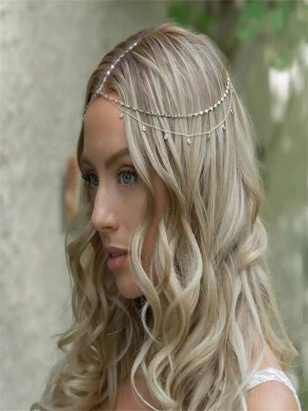 1pc Luxury Bridal Headpiece, Bohemian Forehead Chain Hair Accessory With Bowknot, Stainless Steel, Casual & Fashion