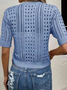 Women Solid Color Simple Casual Hollow Out Short Sleeve Cardigan - Baby Blue - View 3