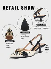 Fall/Winter 2025 Women's Pointy Toe Chain Embellished Floral Embroidery Kitten Heel Slingback Pumps, Elegant For Party, Formal Occasion, Festive Celebration, Commute, Suitable For Spring/Summer, Black,Elegant,Pointed Heels