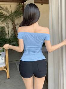 Blue Color Sexy Off Shoulder Front Ruched Top With Tight Fit Design And Textured Fabric For Casual Commute Simple Going Out Tops Vacation Beach Outfits Spring And Summer New Fashionable Women's Clothing - Blue - View 7