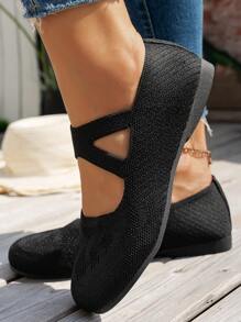 女士圆头针织平底鞋，大码休闲透气芭蕾平底鞋，夏季舒适一脚蹬乐福鞋，妈妈百搭单品，波西米亚风格，黑色、白色、橄榄绿、米色、天蓝色、浅蓝色、卡其色、浅棕色、藏青色、黄色，适合春秋季节 - 黑色 - 查看 5