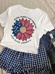 短款上衣，美国国旗和花朵图案短款紧身 T 恤，向日葵图案，爱国上帝保佑美国，适合所有年龄段，休闲、派对、全年旅行 - 白色 - 查看 4