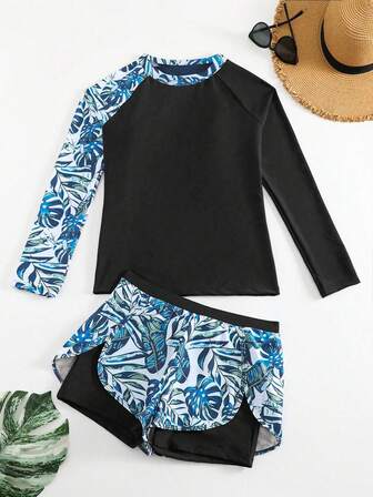 Summer Beach Patchwork Tropical Print Long Sleeve Tankini Swimwear