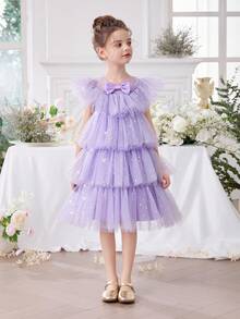 Young Girl Lavender Bow Sleeveless Sequin Mesh Party Princess Dress, Cake Dress Suitable For Girls Birthday Party, Prom, Graduation Ceremony - Purple - View 6