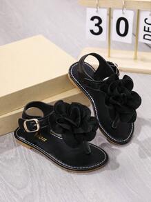 Toddler/Little Girls' 2025 Summer New Fashion Versatile Round Toe Thong Sandals With Large Flower, Flat, Anti-Slip For Beach & Home Wear