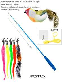 猫玩具套装，彩色羽毛，逗猫棒，铃铛毛毛虫，可替换逗猫棒头，室内外均可使用，训练，自娱自乐，缓解无聊（蓝色、黑色，替换头颜色随机）