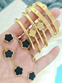 1pc Four-Leaf Clover Bracelet, Stainless Steel Bracelet, Zirconia Bracelet, Nail Bracelet, Titanium Steel Bracelet, Jewelry Gold Jewelry Jewelry Women Bracelets Accessories Women Stainless Steel Jewelry Bracelets For Women Western Jewelry Mirror Polishing