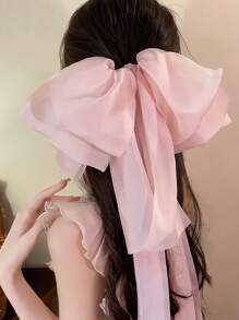 1pc Elegant Bow Decor Spring Clip Ponytail Tie, Long Ribbon Hair Accessories, School Stuff, College, Bows, Cute