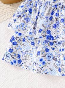 Set de 2 piezas de conjunto de moda de verano para niñas: Camiseta de punto de unicolor + Falda elástica de cintura con lazo y estampado floral diminuto, ropa informal suave y transpirable para exteriores, reuniones y ocio - Azul - Ver 7