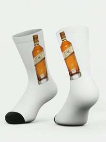 1 Pair Of 360° Printed Tall Socks Bottle Socks, Wine Bottle Printed Socks Unisex, Couple Socks, Comfortable Breathable Casual Street Socks, Alcoholic Series Holiday Gifts, Light Exercise Mid-Calf Socks