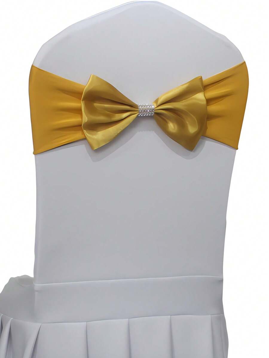 5pcs/10pcs Free Tie Gold Spandex Chair Sashes Elastic Stretch Chair Band With Rhinestone Buckle Wedding Satin Chair Ribbon Bows For Banquet Hotel Party Event Decoration