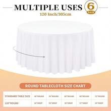 6 Packs White Round Table Cloth 120 Inch Circular Table Cloth Stain And Resistant Washable Polyester Round Tablecloth Table Cover For Wedding,Birthday, Parties,Banquet, Dinner Tables Decorate - White - View 2