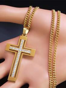 Hip Hop Crystal Cross Pendant Necklace Chain For Men Stainless Steel Rhinestone Necklaces Punk - Necklace - View 8