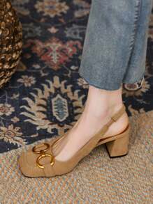 女士包头粗跟凉鞋，法式高跟便鞋，春夏季 - 杏色 - 查看 5