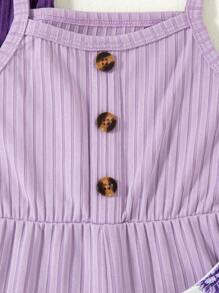 Young Girls 3 Pieces Set: Solid Color Ribbed Floral Print Camisole Jumpsuit - Purple - View 9