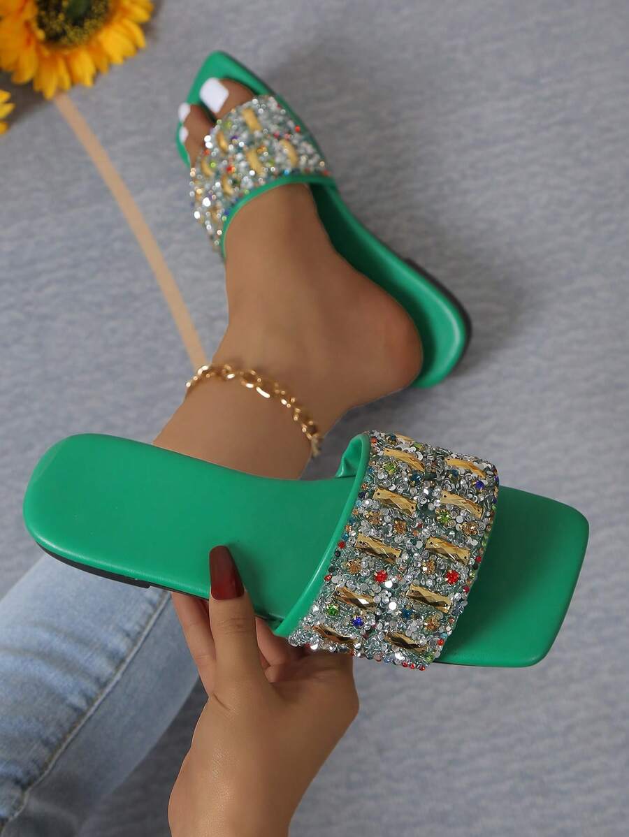 Women's Strap Crystal Embellished Slip-On Flat Sandals - Green - View 1