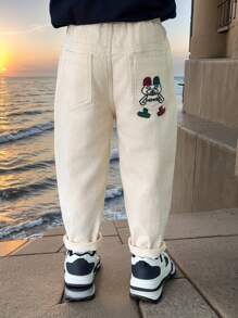 Boys' Cartoon Embroidery Casual Denim Jeans Pants, Suitable For Toddler & Little Kid, Spring - Beige - View 8