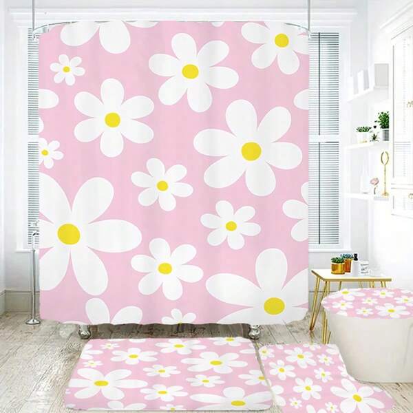 Conjunto de 4 piezas de decoración de baño con elemento de fresas y frutas coloridas: Cortina de ducha impermeable, 12 ganchos, alfombra de baño antideslizante, alfombra de piso en forma de U, tapa de inodoro, kit completo multifuncional de baño de secado rápido