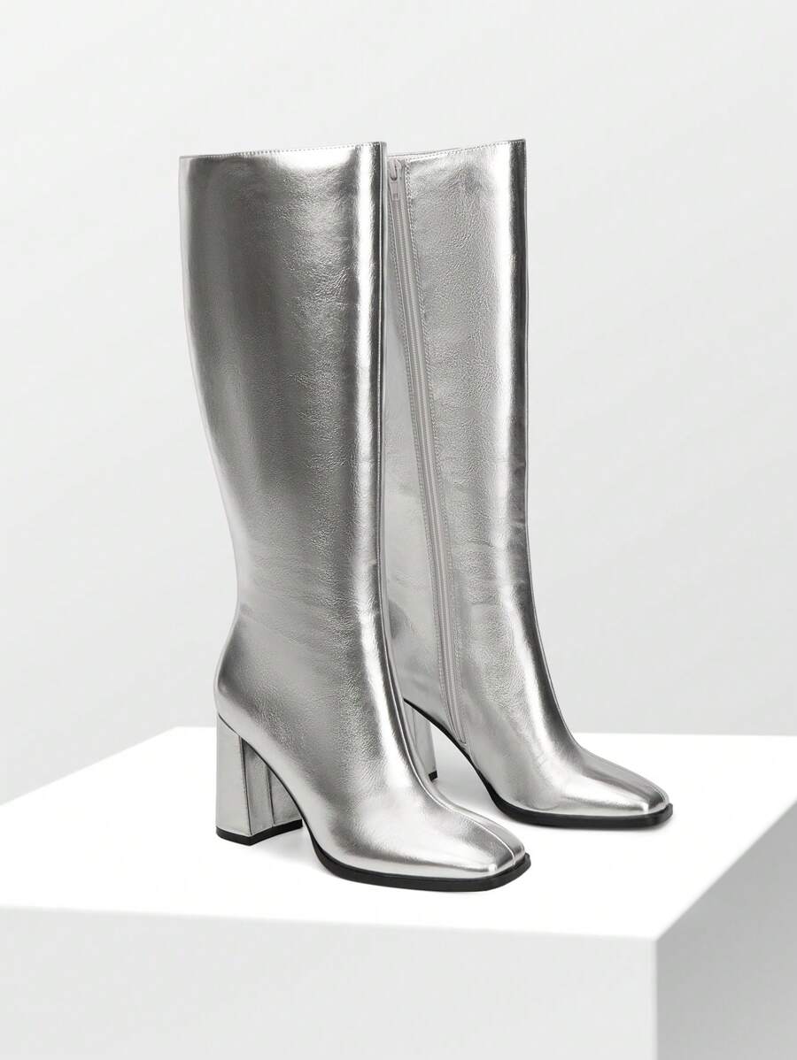 Women's Chunky Heel Go-Go Boots - Square Toe Knee High Side Zip Tall Boots For Casual, Retro, Party - 銀色 - 查看 1