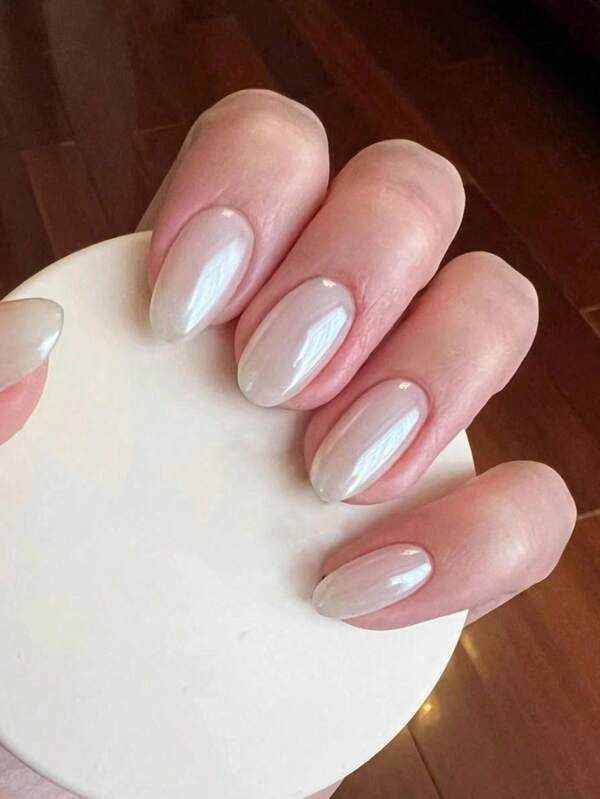 24pcs Short Almond Shape White Aurora False Nails Kit To Upgrade Your Look, Suitable For Daily Wear