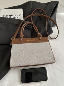 1pc Brown Color Block Pu Leather Women's Handbag, Fashionable Minimalist Square Tote