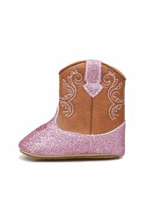 Yibubu Pink Baby Shoes Western Boots Infant Boots Vintage Embroidered Pattern Flat Shoes High-Top Non-Slip First Walking Shoes Outdoor Sports Boots For Infants And Toddlers Spring/Autumn - Pink - View 5