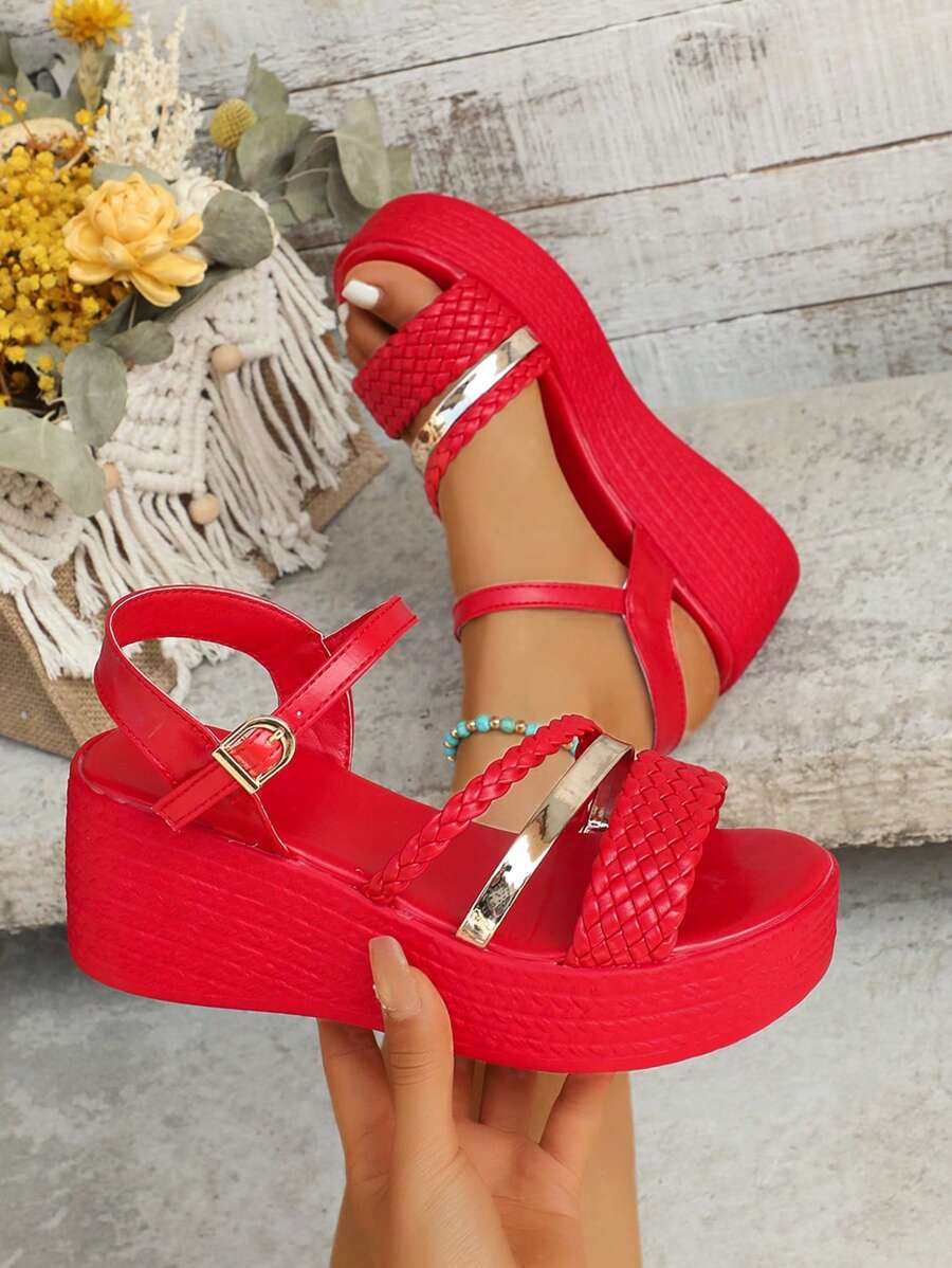Women's Woven Strap Single Buckle Open Toe Casual Non-Slip Thick Sole Comfortable Wedge Sandals, Suitable For Pants And Skirts