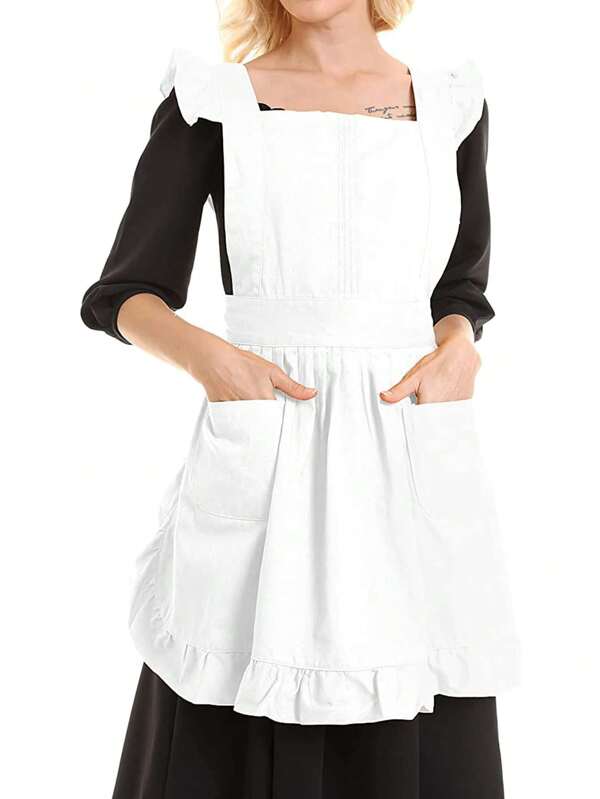 1pc Vintage White Apron For Women, Kitchen Cooking Half Apron With Pockets, Maid Apron
