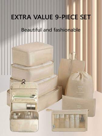 9 st flerfärgade reseväskor, resematerial, sommarsemesterpackkuber, avtagbar sminkborsteväska, bärbara resebagageväskor, förvaringsväskor för kläder och skor, kompressionspackkuber, unisex reseorganisatörer