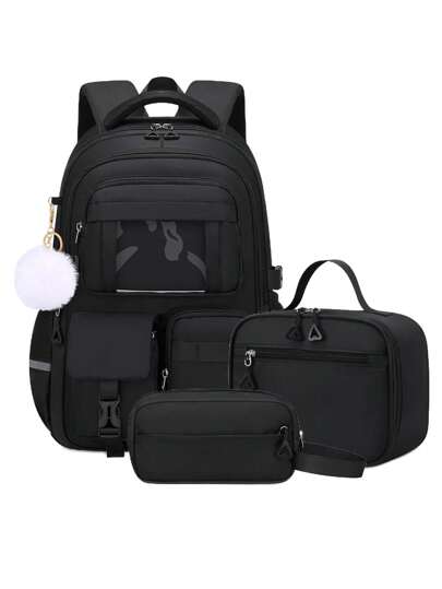 Set de 3 piezas Mochila para niñas - Mochila para escuela secundaria con bolso de mano y estuche, Mochila para portátil de 15.6 pulgadas, Diseño minimalista casual con múltiples bolsillos y colgante de pompón, Esencial para volver a la escuela, Adecuado para la escuela y los viajes