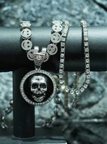1Set Skull Pendant Smiling Face Necklace & Tennis Chain Necklace Suit, Unique Personalized Men's Necklace Suitable For Daily Wear - Skull Pendant - View 5
