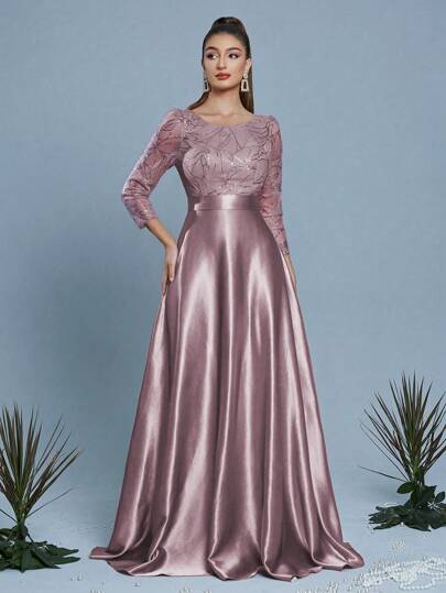 Mgiacy New Arrival Round Neck Elegant Bridesmaid Dress Embroidery Sequin Three-Quarter Sleeve Long Dress, Formal, Party Dress, Gown, For Evening, Wedding Guest