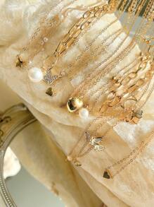 12pcs Fashionable, Simple, Elegant, Exquisite, Retro Style, Heart, Butterfly, Faux Pearl, Rhinestone, Shiny, Star, Moon, Tassel, Metal Design Multi-Layer Pendant Necklace Set, Great For Holiday, Party, Date, Daily Wear, Gift