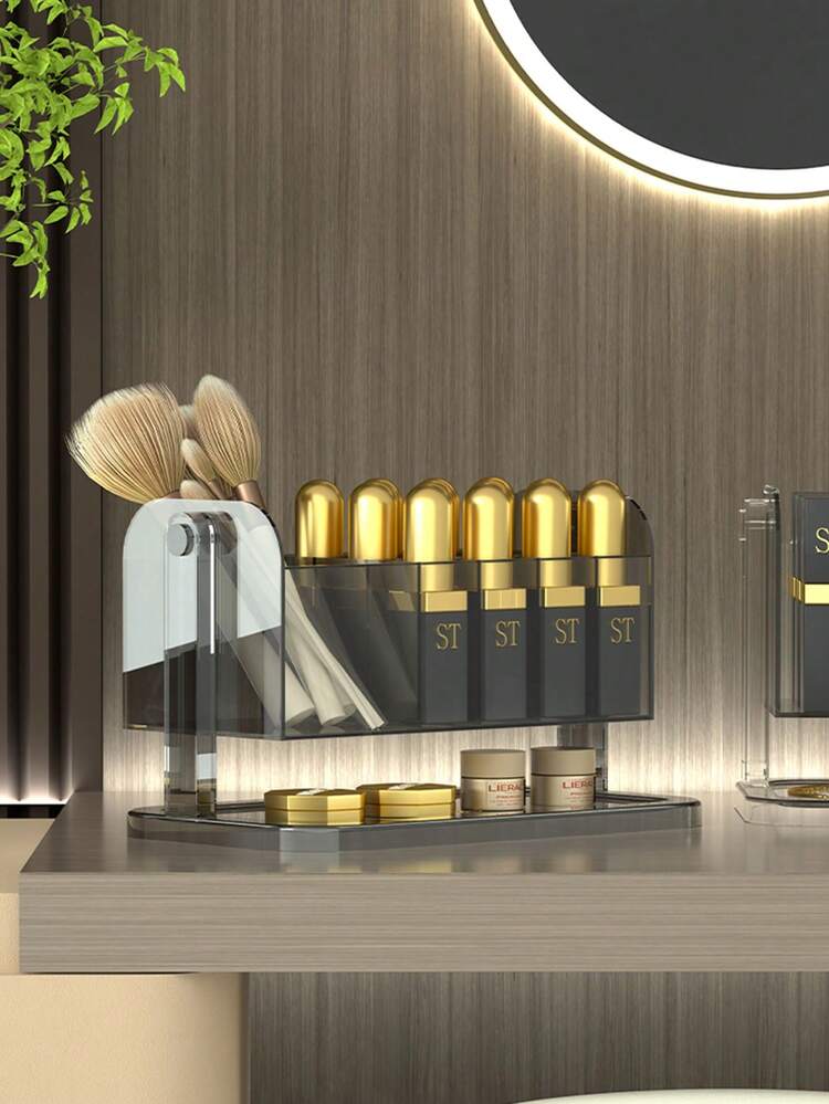 1pc Fashionable Desktop Cosmetic Storage Box - Transparent Lipstick Storage Box - Vanity Storage - 180 Degree Rotatable Storage - Can Store Makeup Brushes/12 Lipsticks, Suitable For Vanity, Bathroom, Bedroom, Dressing Table - Gift For Girls - Transparent Black/Transparent White Bathroom Organizer Bathroom Decor Summer Makeup Organizer - Multicolor - View 5