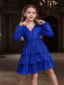 ALISA&LEO Girls' Sequin V-Neck Lantern Sleeve Layered A-Line Sheer Formal Dress, Suitable For Red Carpet, Gala, Black Tie Wedding, Awards Ceremony, Charity Ball And Other Formal Occasions - Royal Blue - View 4