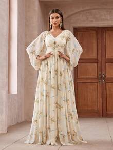 Women's Elegant Floral All-Over Print Empire Waist Capelet Sleeve Maxi Bridesmaid Dress - Apricot - View 3