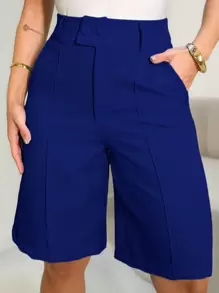 Women's Bermuda Shorts/ High Waist/ Side Pockets/ With Two Buttons Tailored Fabric - 藏蓝色 - 查看 1