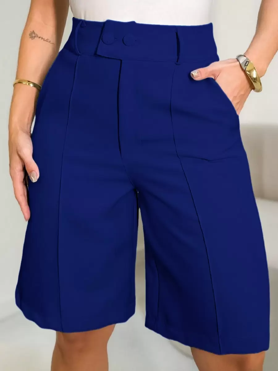 Women's Bermuda Shorts/ High Waist/ Side Pockets/ With Two Buttons Tailored Fabric - 藏蓝色 - 查看 1