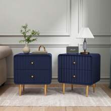 Modern Nightstand Set Of 2 With 2 Drawers & Gold Metal Handle, Fluted Bed Side Table, White Wood End Table With Storage For Bedroom, Living Room - Màu xanh lam - Xem 1