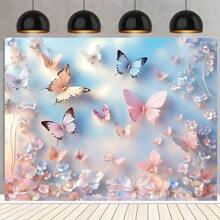 1pc Polyester Butterfly & Pink Flower Wall Backdrop, Dreamlike Photography Background, Electricity-Free, Easy To Hang, Suitable For Indoor And Outdoor Decor