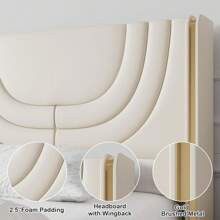 Modern LED Upholstered Bed Frame With Silver Wingback Headboard – Soft PU Leather, Platform Design, Easy Assembly, Ideal For Bedroom, Twin Bed Frame With LED Lights/ Full Bed Frame With LED Lights/ Queen Bed Frame With LED Lights/ Twin Size Bed Frame/ Full Size Bed Frame/ Queen Size Bed Frame, Black/Pink/Beige (USB LED Strip) - 米色 - 查看 3