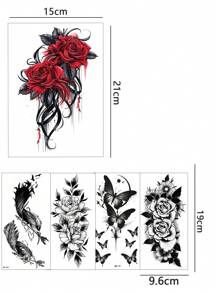 Set di 5 tatuaggi temporanei, con disegni di rose rosse e nere, piume e farfalle nere, impermeabili, adatti a braccia, gambe, cosce, petto, polpacci, caviglie e addome, sicuri, facili da usare e rimuovere, adatti sia per uomini che per donne