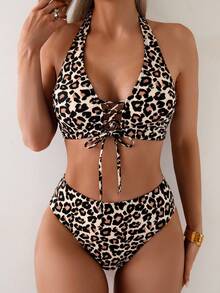 1 Set Women Leopard Print Halter Tie Front Backless Bikini Swimwear - Brown - View 2
