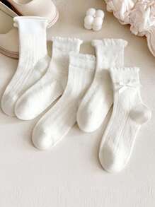 5 Pairs Spring/Summer Breathable Mesh Bow Decor Mid-Calf Socks, Simple & Versatile Cute Kid/Student Socks