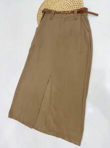 Midi Skirt With Belt High Waist Slit - Mocha Brown - View 5