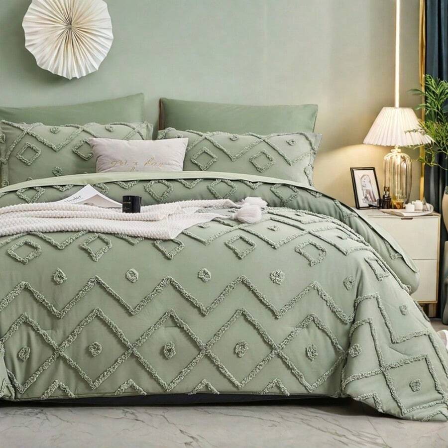 7 Pieces(Queen/King) Bed In A Bag Comforter Set, Stylish Solid Comforter, Soft Microfiber, Comfortable And Warm, Cloud-Like Soft Bedding Set, Bedroom Decor For Spring/Summer/Autumn/Winter, Ideal Gift - màu xanh lá - Xem 1