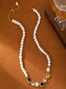 1 件女式复古风格 18K 镀金铜锆石吊坠项链，带珍珠，适合节日礼物和日常佩戴，天鹅绒袋包装 - 彩色 - 查看 4