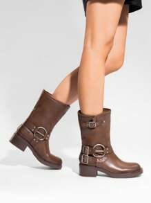 Women's Motorcycle Boots Buckle Decoration Chunky Western Cowboy Slip-On Fashionable Square Toe Combat Riding Mid-Calf Christmas Black Winter Boots - Brown - View 2