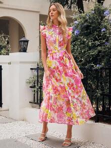 Simplee Women's Summer New Lace Patchwork Floral Print Long Dress, Suitable For Wedding Guests, Party Dresses, Graduation Season - Pink - View 3