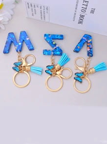 1pc Women's Initial Letter Black Butterfly Glitter Crystal Resin Epoxy Keychain With Butterfly Tassel Decor